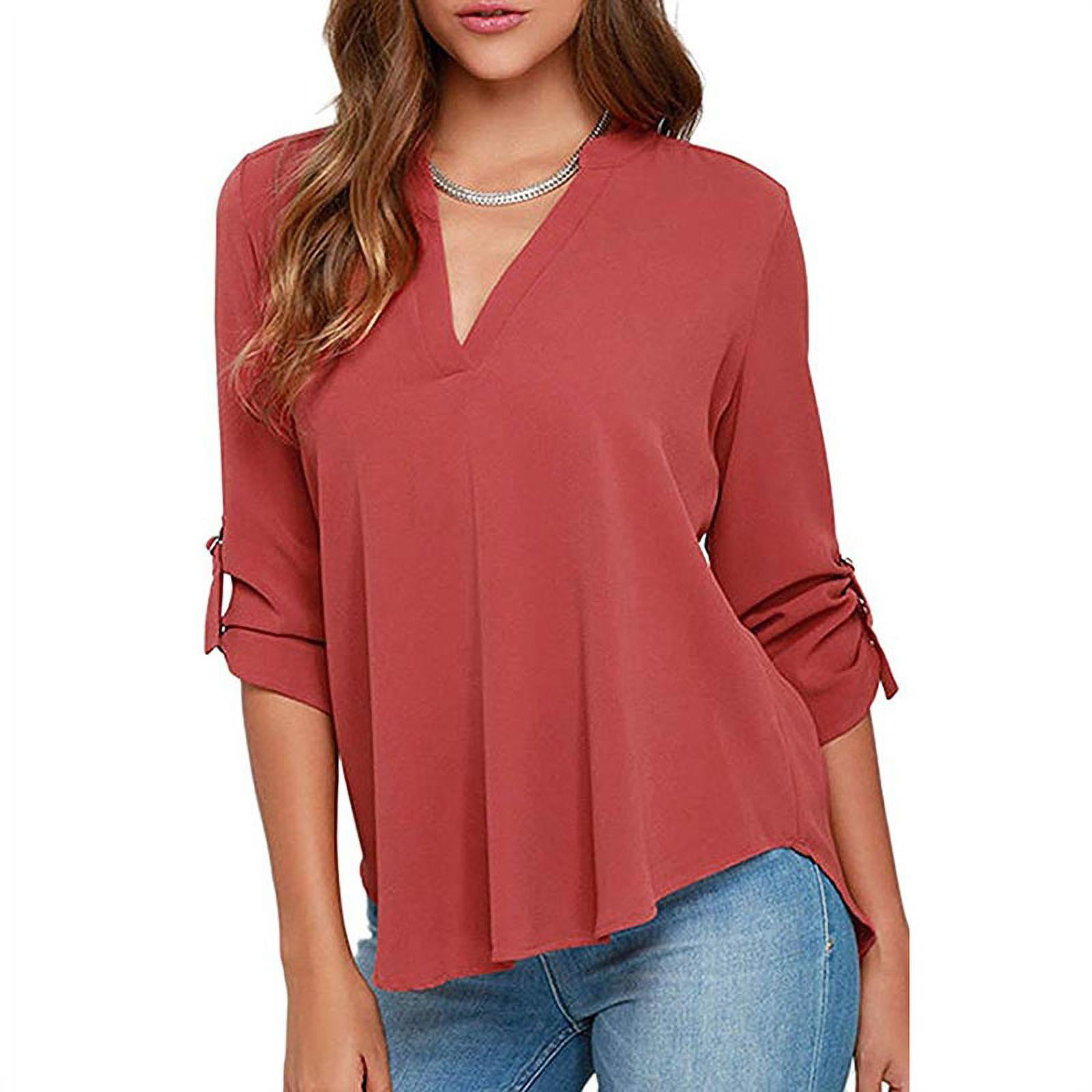 Women's Casual V Neck Cuffed Sleeves Solid Chiffon Blouse Top