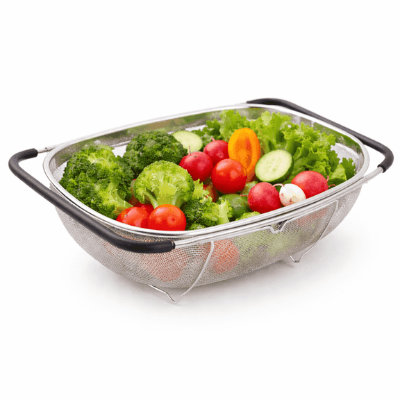 Stainless Steel Over the Sink Colander, Expandable Mesh Strainer Basket with Non-Slip Extendable Handles, Kitchen Food Drainerfa