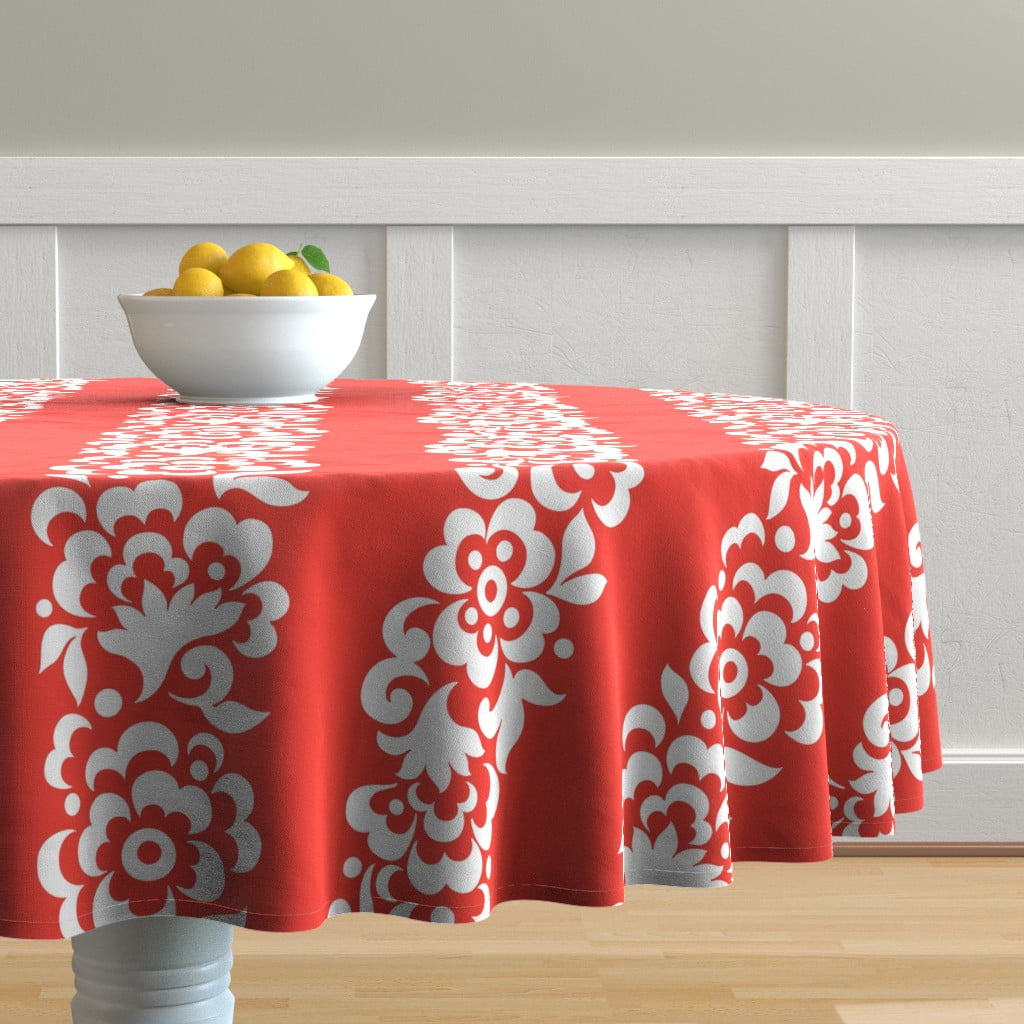 Round Tablecloth Tropical Paradise Hawaiian Floral Flowers Red Cotton Sateen 
