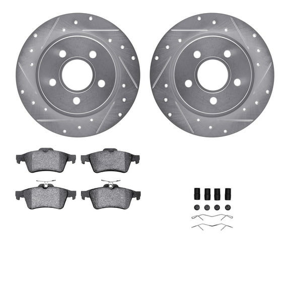 Dynamic Friction Company Rear Brake Rotors-Drilled and Slotted-Silver with 5000 Advanced Brake Pads includes Hardware 7512-54069