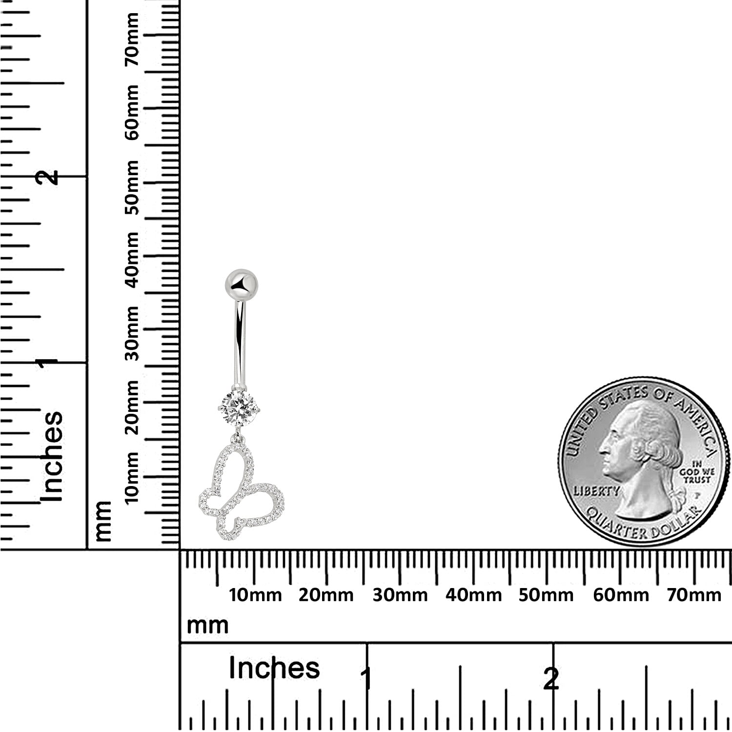 AVORA 10K White Gold Simulated Diamond CZ Dangling Open Butterfly Belly Button Ring Body Jewelry (14 Gauge)
