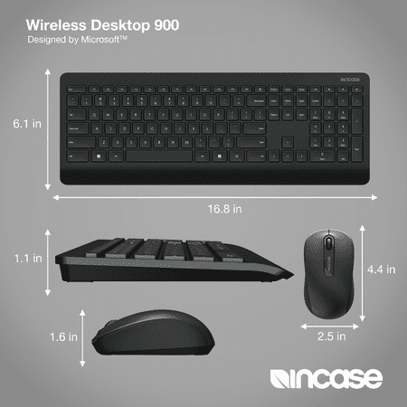 Incase Wireless Desktop 900 Keyboard and Mouse Combo - Designed by Microsoft – Quiet Touch Keys, Ambidextrous Design, Customizable Hotkeys, Two Year Battery Life
