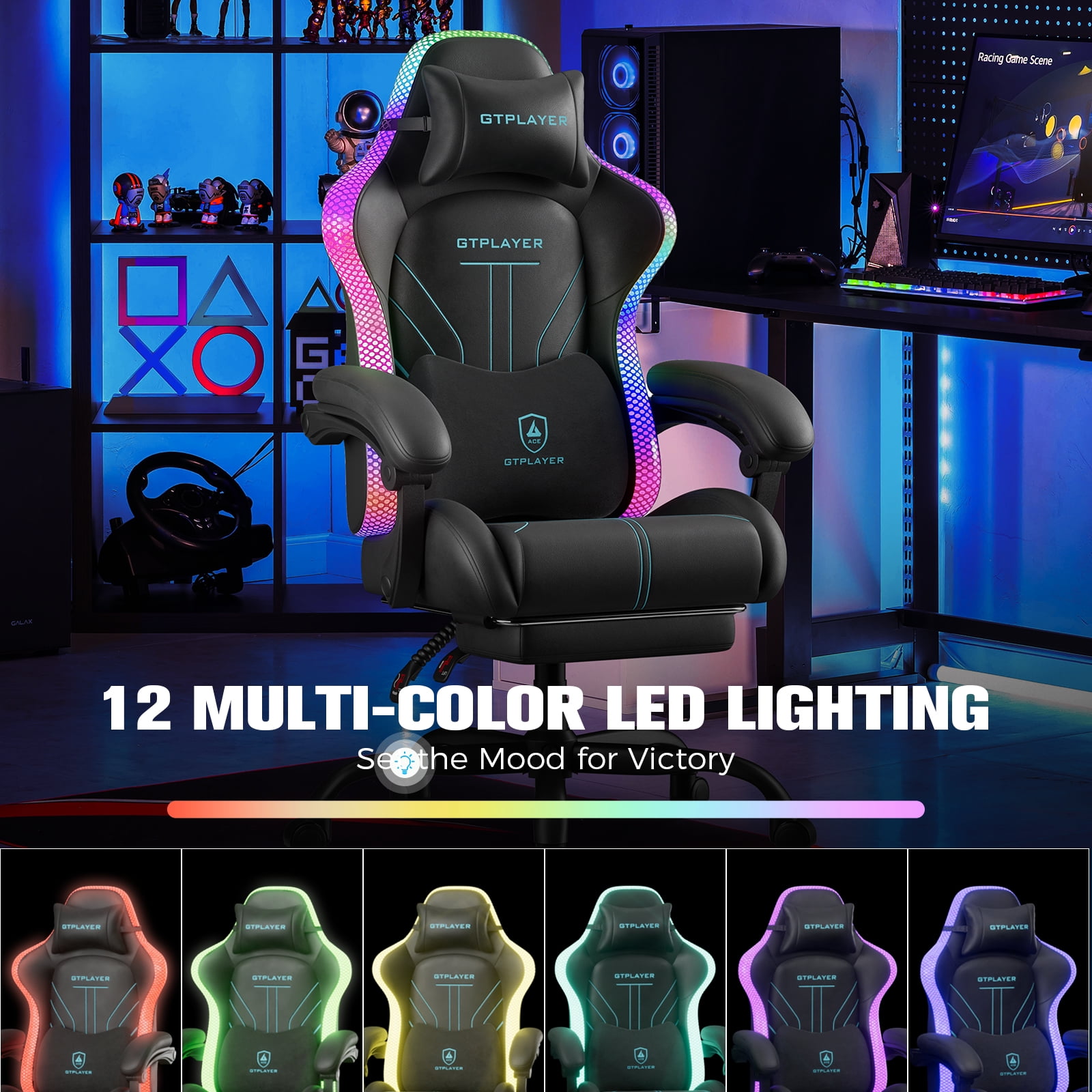 GTPLAYER RGB Gaming Chair with Timed LED Lights, 400LBS Capacity Gaming Office Chair with Reclining Backrest & Retractable Footrest for Gaming & Office, Blue