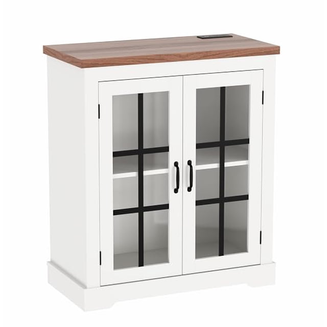 Buffet Cabinet with Glass Doors and Storage - Sideboard with Built-in Power Outlet - Walnut Top, White Panel - Ideal for Kitchen, Living Room, Coffee Bar, Pantry