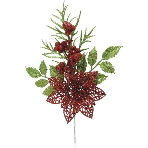 Save Dollar Stores Glitter Poinsettia Pick Red/Green, 8 X 12 in for Christmas Tree Decorations.