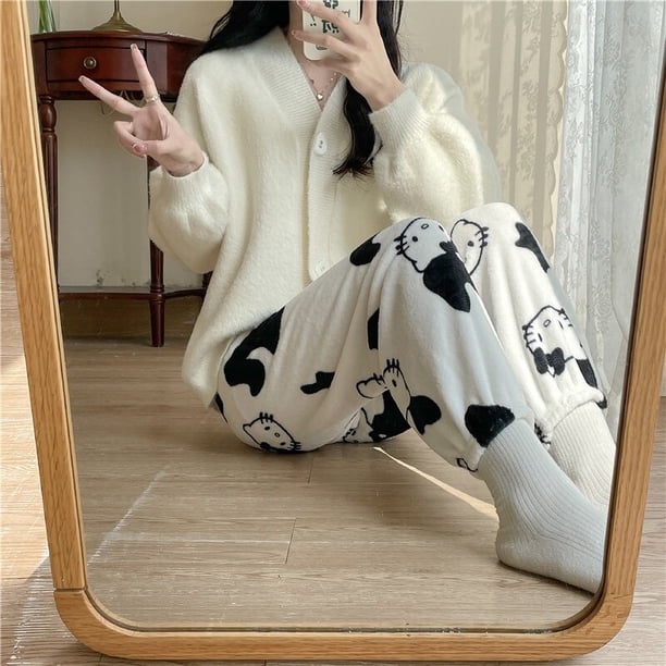 Pijama de franela de Anime Sanrio para mujer, pantalones flotantes de lana Kawaii en blanco y negro con dibujos animados, moda de otoño, 2023