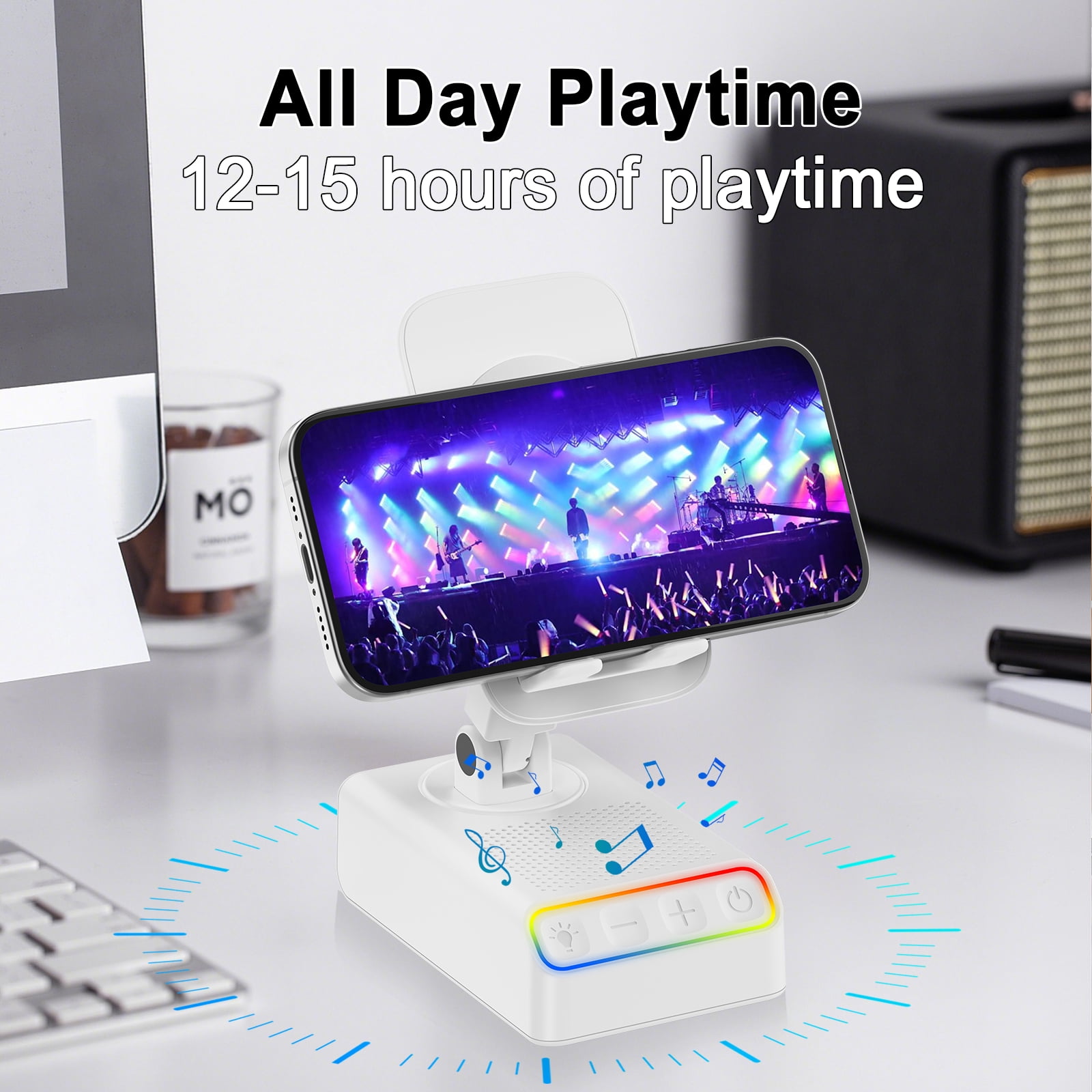 Adjustable Cell Phone Stand with Wireless Induction Bluetooth Speaker, HD Surround Sound, Color-Changing LED Light, and Non-Slip Phone Holder – Perfect for Yoga and Kitchen, a Great Gift for Everyone