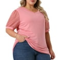 thumbnail image 2 of DARING DIVA Women's Plus Tops V Neck Puff Sleeve Blouse Shirt 2X Pink, 2 of 6