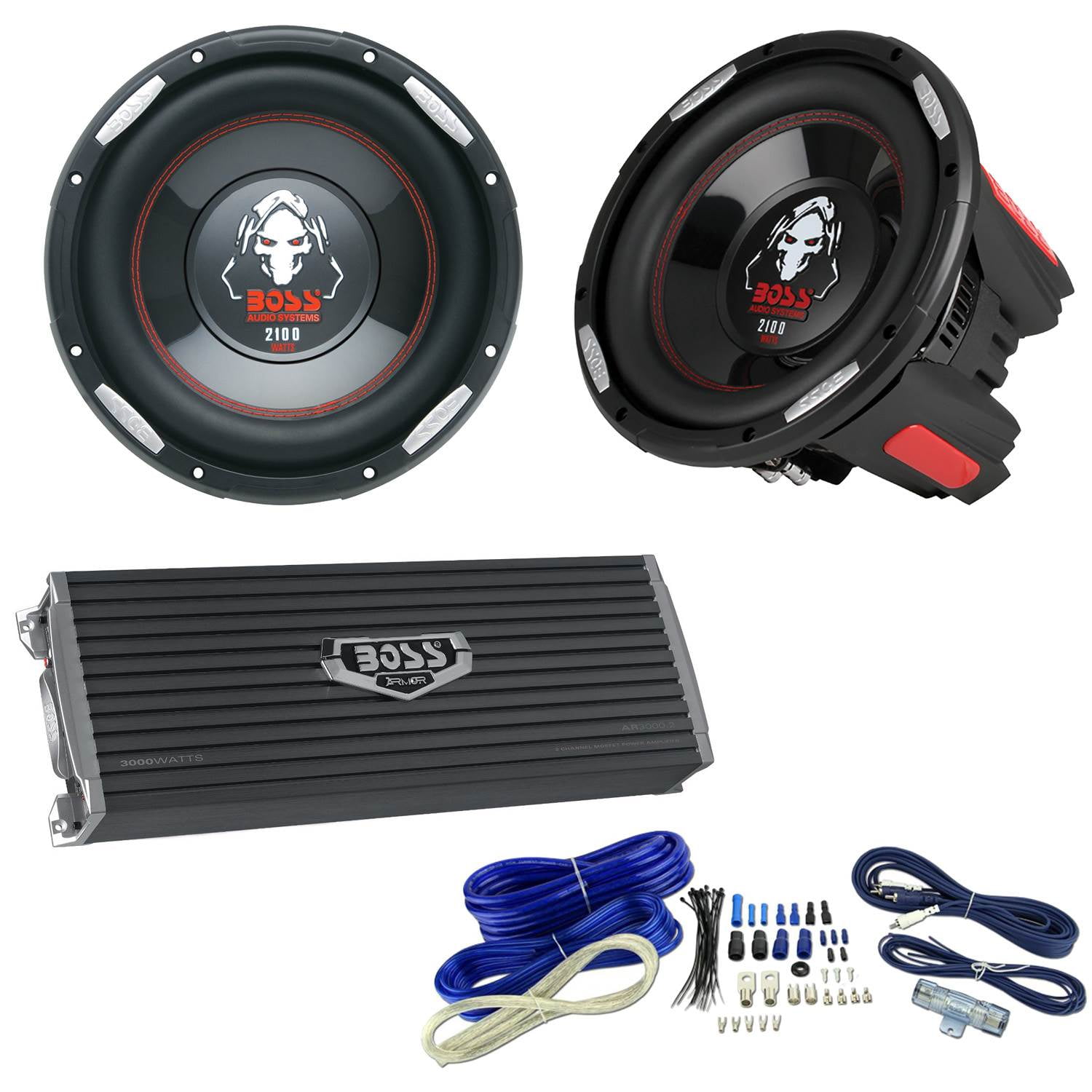 Boss 10" 2100W Subwoofer (Pair) + 3000W 2 Channel Amplifier + 4Gauge