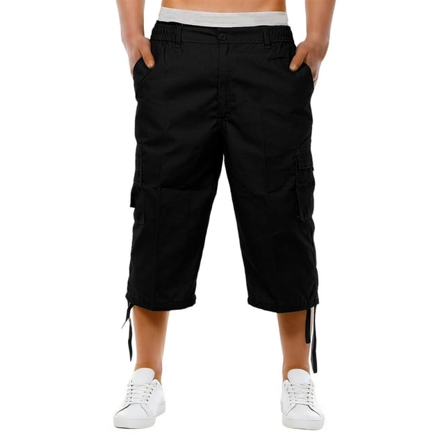 Ceisia Men's Multi-Pocket Cargo 3/4 Pants Loose Straight-Leg Workwear Shorts with Drawstring Cuffs for Summer Black XXXL Gifts
