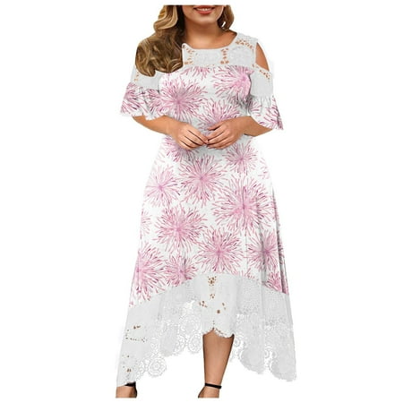 

STYESH Women s Fashion Plus Size Round-Neck Printed Lace Patchwork Long Dress Short Sleeve Dress