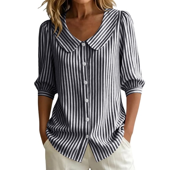Women's Striped Shirt with Pan Collar, 3/4 Puff Sleeve Button Down Casual Blouse