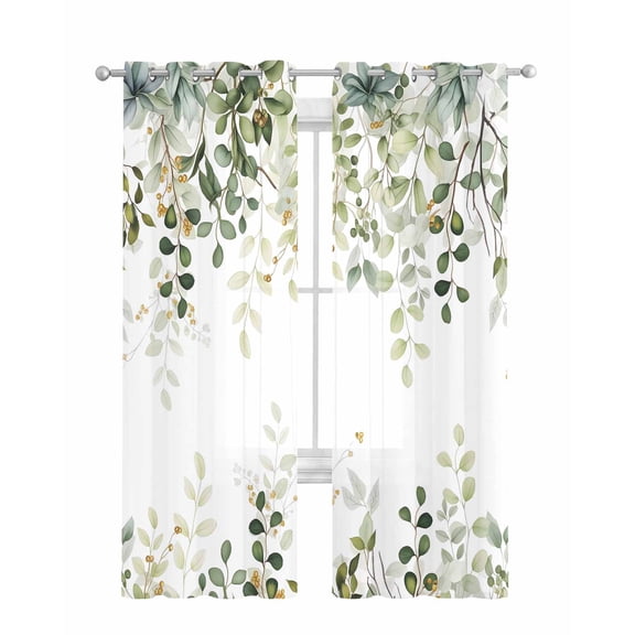 Sage Green Eucalyptus Leaves Sheer Curtains 84 Inch Length 2 Panels Set for Living Room/Bedroom, Spring Botanical Floral Kitchen Curtains Grommet Semi-Sheer Curtains Window Treatments 42"x84"x2