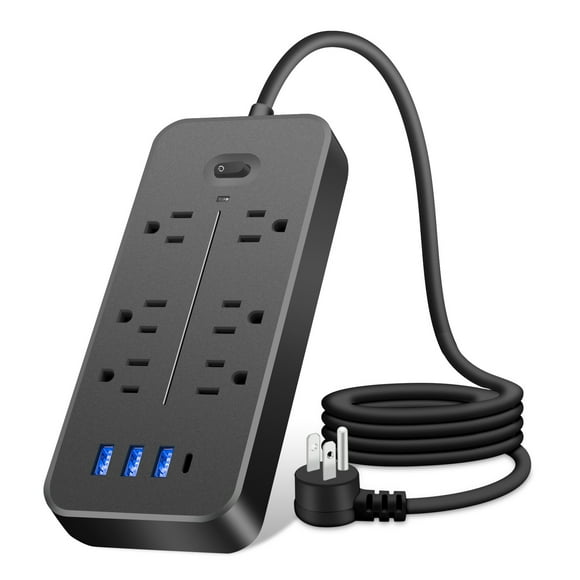 Graflsoa Barre d'Alimentation USB 6-en-1 à Ports Multiples avec 3 Ports USB et 1 Type-C, Cordon 1,2 m, Protection contre les Surtensions, Sécurité contre les Surcharges, Arrêt Automatique, Ignifuge, Noir, Norme US