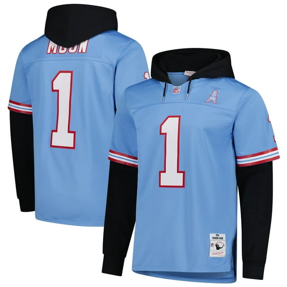 Men's Mitchell & Ness Warren Moon Light Blue Houston Oilers Player Name & Number Hoodie Legacy Jersey