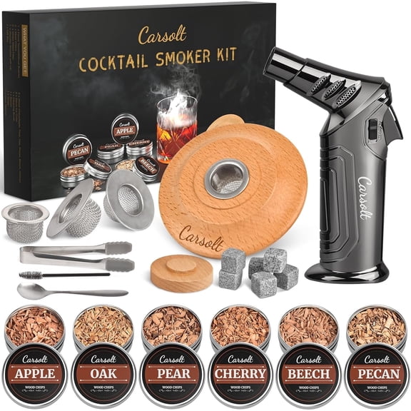 Cocktail Smoker Kit with Torch - 6 Flavors Wood Chips, 4 Metal Filters, Whiskey Smoker Infuser kit for Bourbon Whisky Cocktail, Old Fashioned Drink Smoker Kit Gifts for Men, Dad, Husband(No Butane)