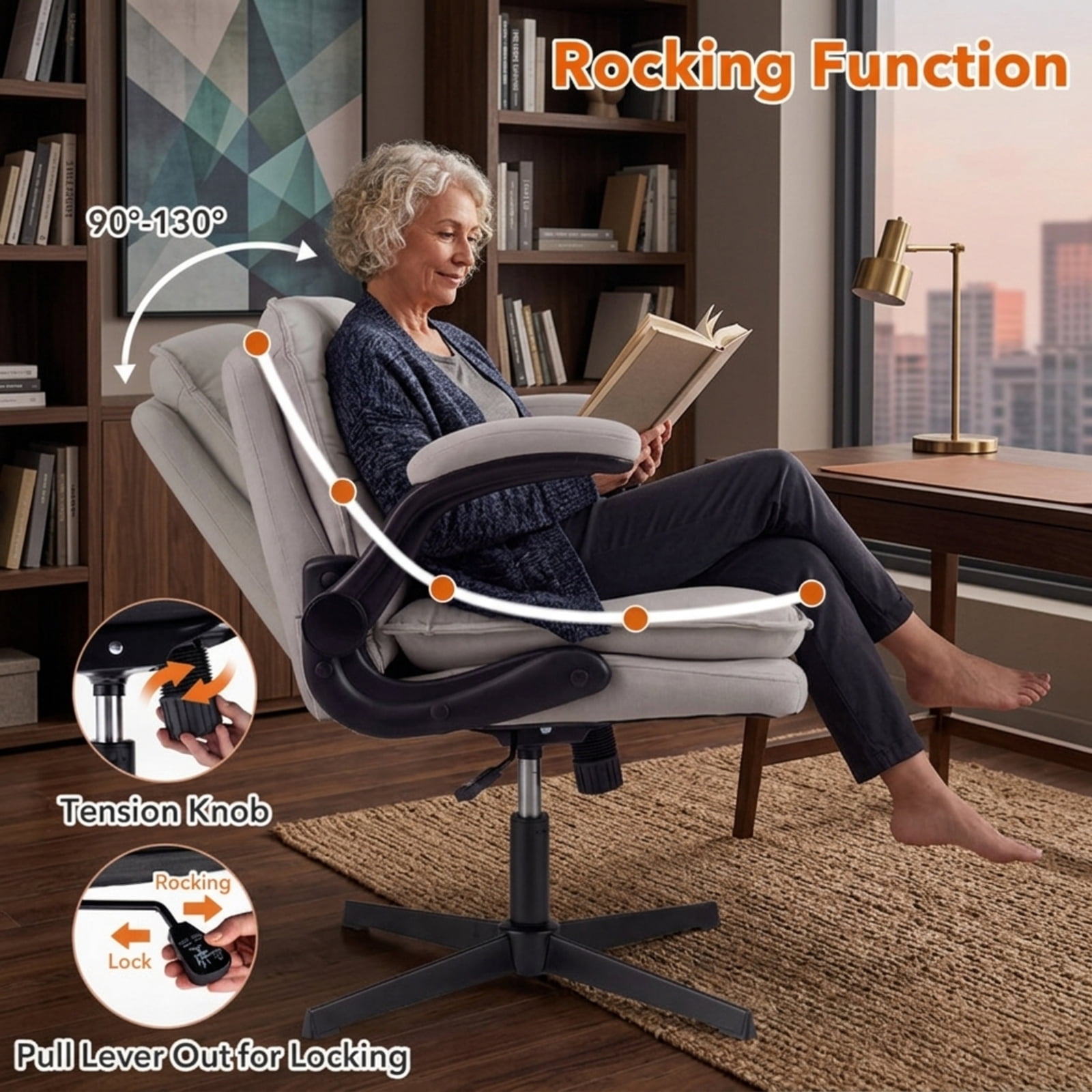 Furnibear Ergonomic Office Desk Chair with Flip-Up Arms, Height Adjustable Criss Cross Rocking Task Chair with Wide Backrest and Padded Seat, Beige