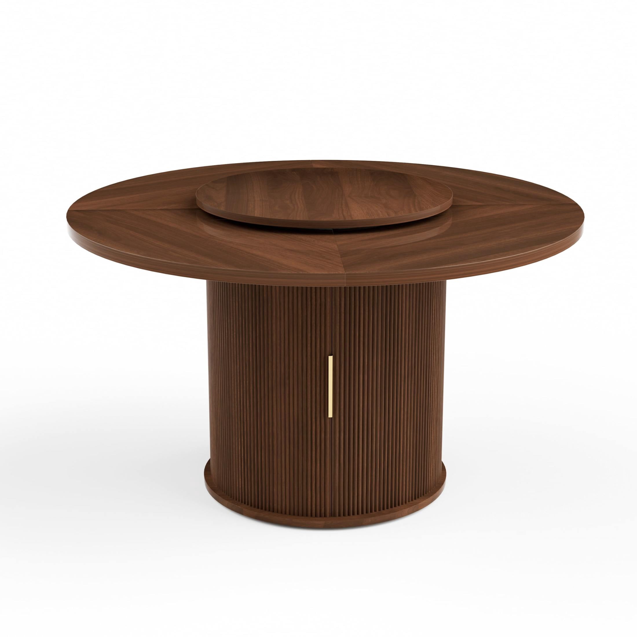 Noble House 55" Round Dining Table for 6, Double-Tier Storage, Rotating Tray, Wavy Sliding Doors, Walnut