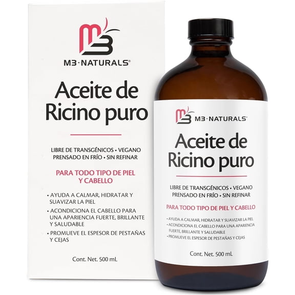 Aceite de Ricino M3 Naturals 100% Puro y Orgánico, para Crecimiento de Cabello, Pestañas y Cejas, 500 ml
