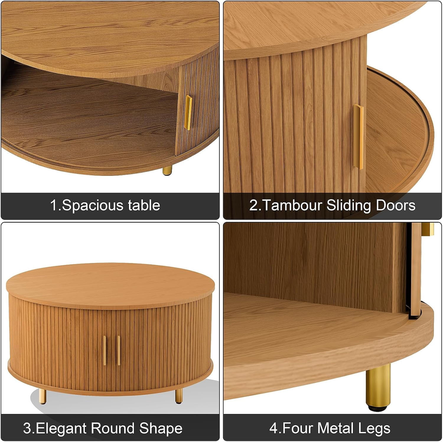 31.5-Inch Round Mid-Century Modern Coffee Table with 360° Sliding Tambour Door, Fluted Design, Storage, Adjustable Footpads, Yellow Walnut