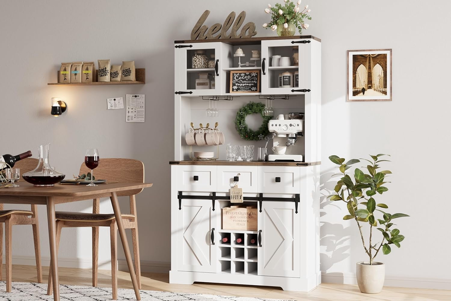 Homhougo 72" Kitchen Pantry Storage Cabinet with Hutch and Sliding Barn Door, Farmhouse Tall Buffet Cabinet with Drawers, Large Coffee Bar with Wine & Glasses Rack, for Home Living Room, White