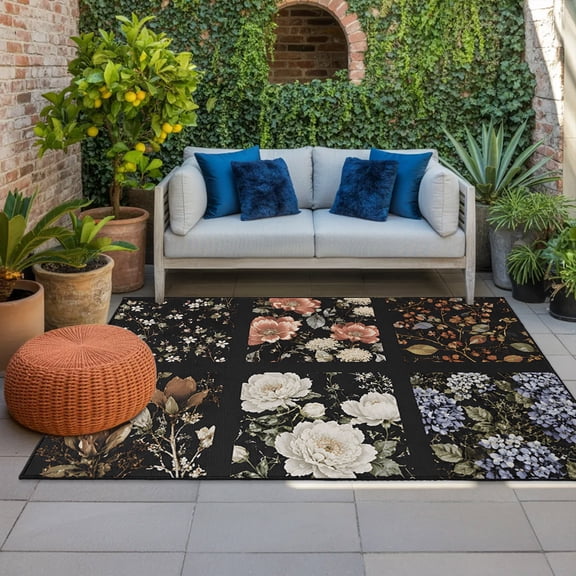 Outdoor Rug, Colorful Flower Classic Floral Indoor Area Rug Outdoor Carpet RV Camping Rugs 4x6ft Black Plaid Outside Mat for Patio Picnic Porch Deck Balcony Backyard