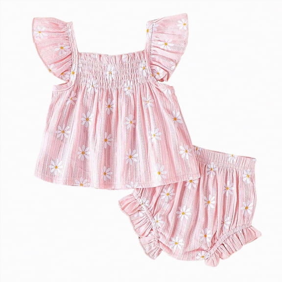 TOWED22 Toddler Baby Girl Summer Clothes Ruffled Sleeve Ribbed Knit T-Shirt Tops Cute Floral Shorts Set 2Pcs Outfits 2-8Y(Blazer,0-3 M)