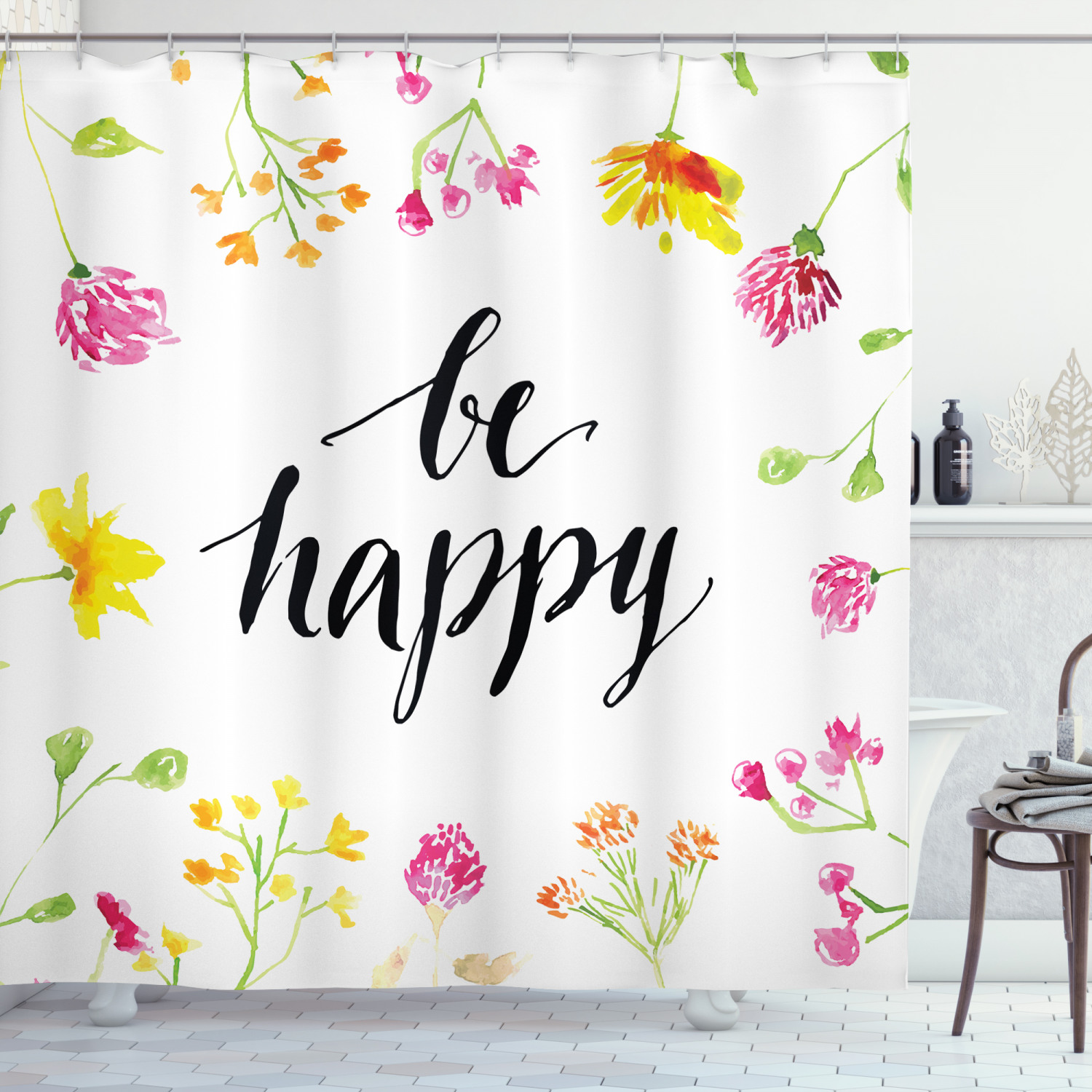 Quote Shower Curtain, Positive Vibes Spring Revival Floral Be Happy