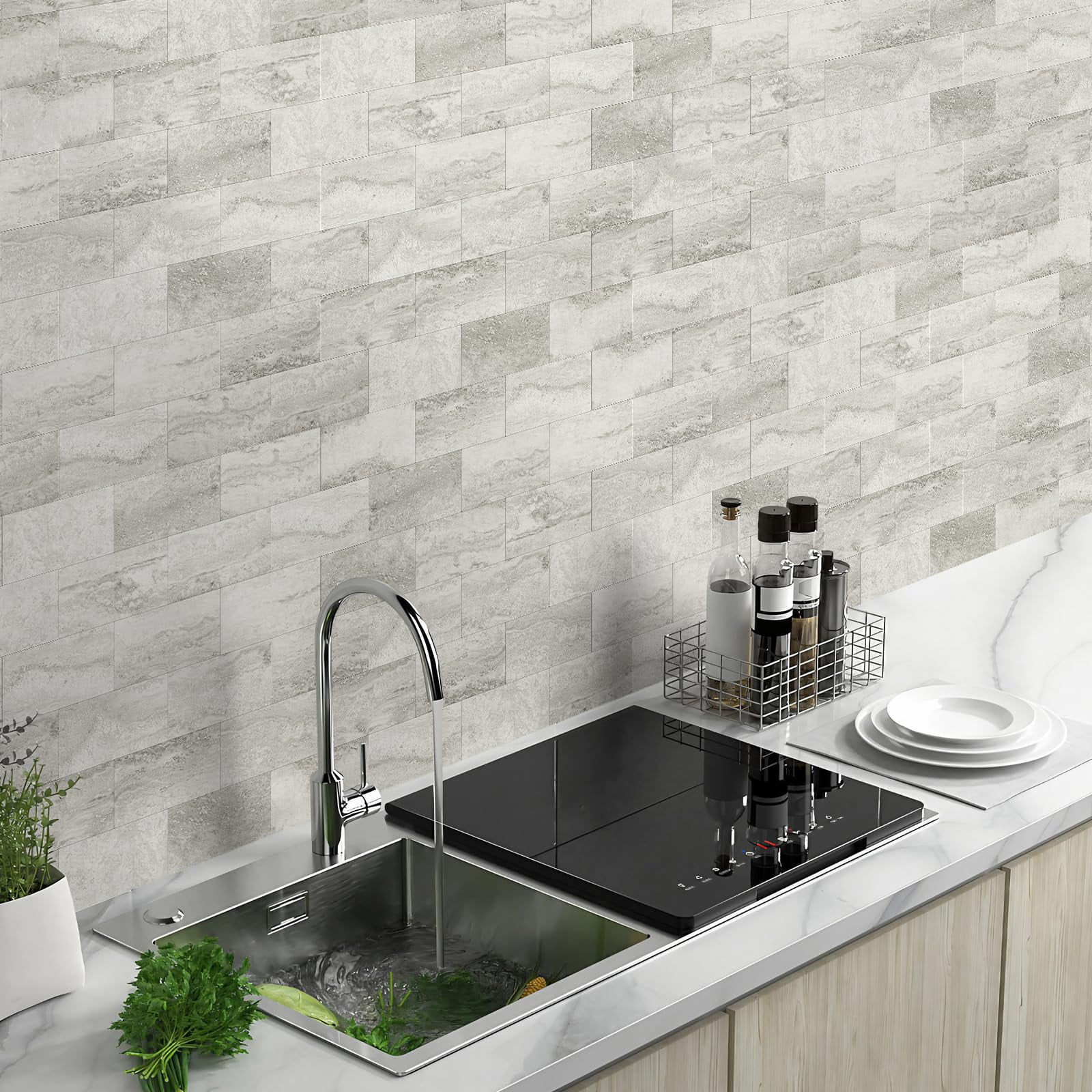 100-piece Matt Beige Mixed Grey Slate Peel And Stick Backsplash Seamless 3''x6'' Pvc Subway On For Kitchen/bathroom/laundry Room
