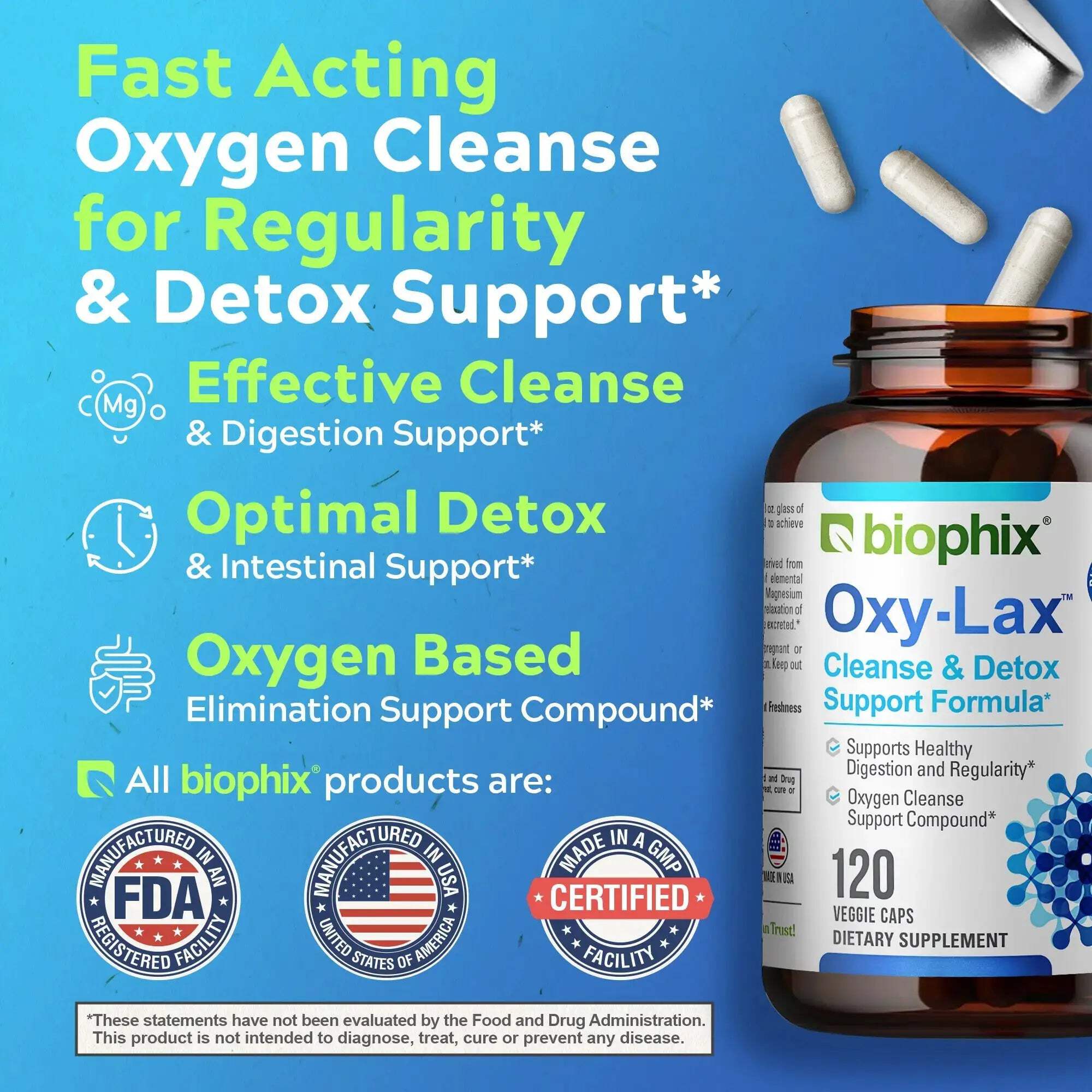 biophix Oxy-Lax 750 mg 120 Vcaps - Free Vitamin D-3 5000 IU 30 Softgels - Natural Magnesium Oxide Oxygen Based Colon Cleanse Gentle Laxative Supports Healthy Digestive Tract Regularity