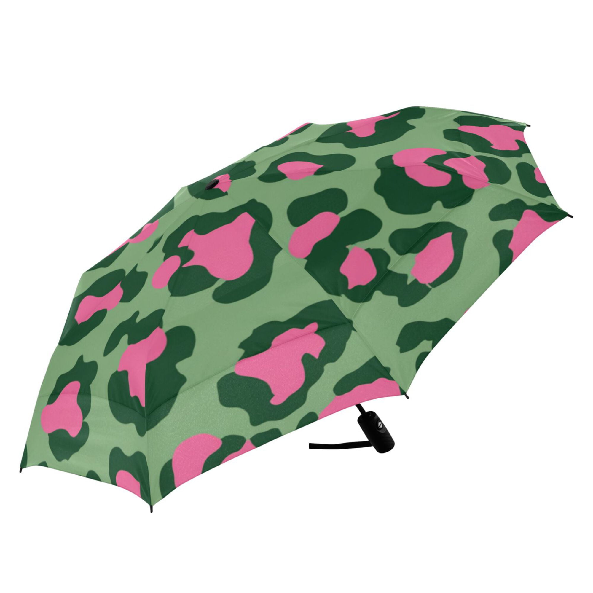 21" Inch Auto Open Close Folding Umbrella Windproof Waterproof Full Print 8-Rib Compact Travel Umbrella for Rainy Days Leopard Print with Pink Accents