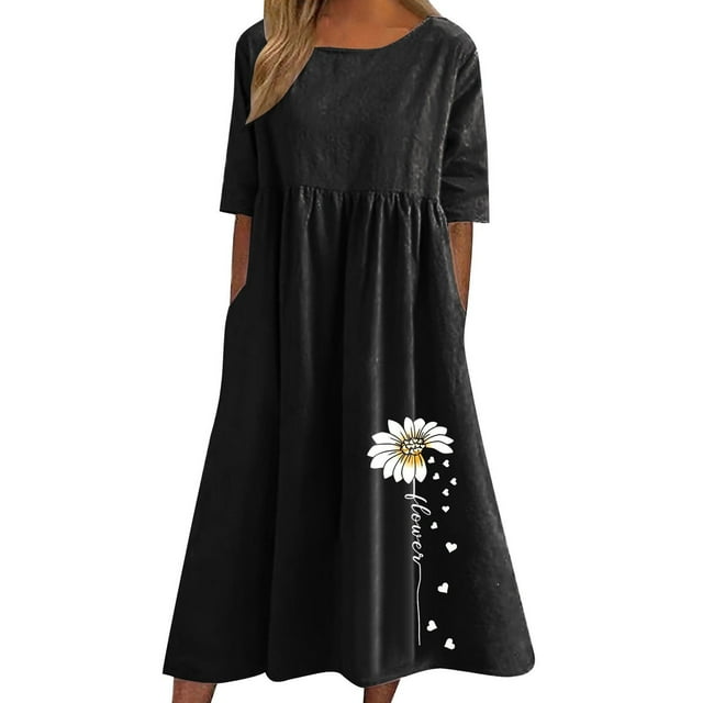 QIPOPIQ Robe Longue Décontractée pour Femme en Coton et Lin, Ample, Unie, Plissée, Manches Courtes, Robes Midi, Liquidation