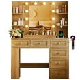 thumbnail image 3 of Zimtown Makeup Vanity Desk, Vanity Desk with Mirror & 6 Drawers, Large Dressing Table with Adjustable Lights & Side Rack, Wood Color, 3 of 8