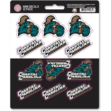 Coastal Carolina University Chanticleers 12-Piece Mini Decal Sticker Set, 5x6 Inch Sheet, Gift for football fans for any hard surfaces around home, automotive, personal items