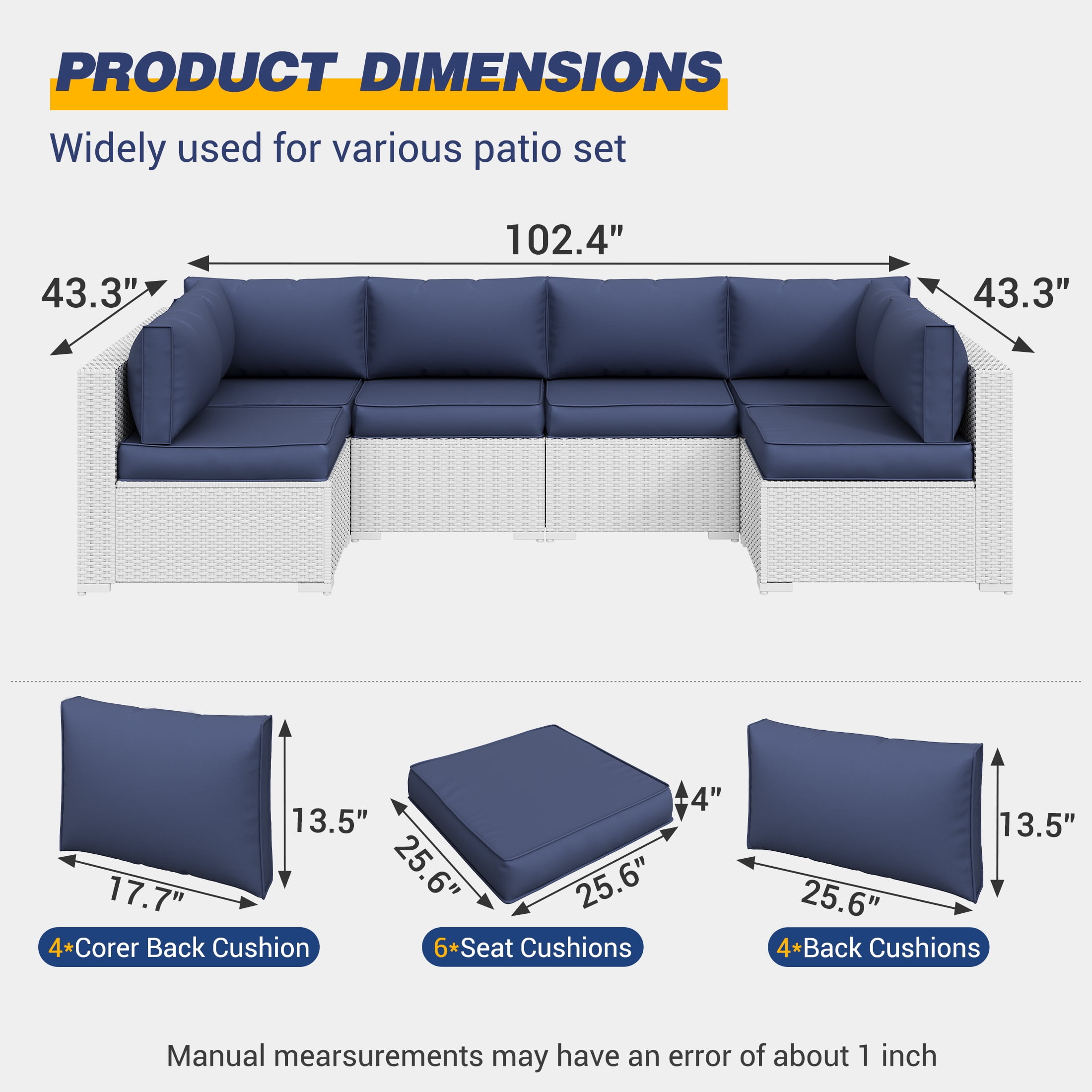 UDPATIO Outdoor Cushions, Patio Furniture Cushions, 4" Thick Replacement Outdoor Cushions, Patio Sofa Cushions with Water-Resistant Deep Seat Outdoor Couch Cushions(Navy Blue)