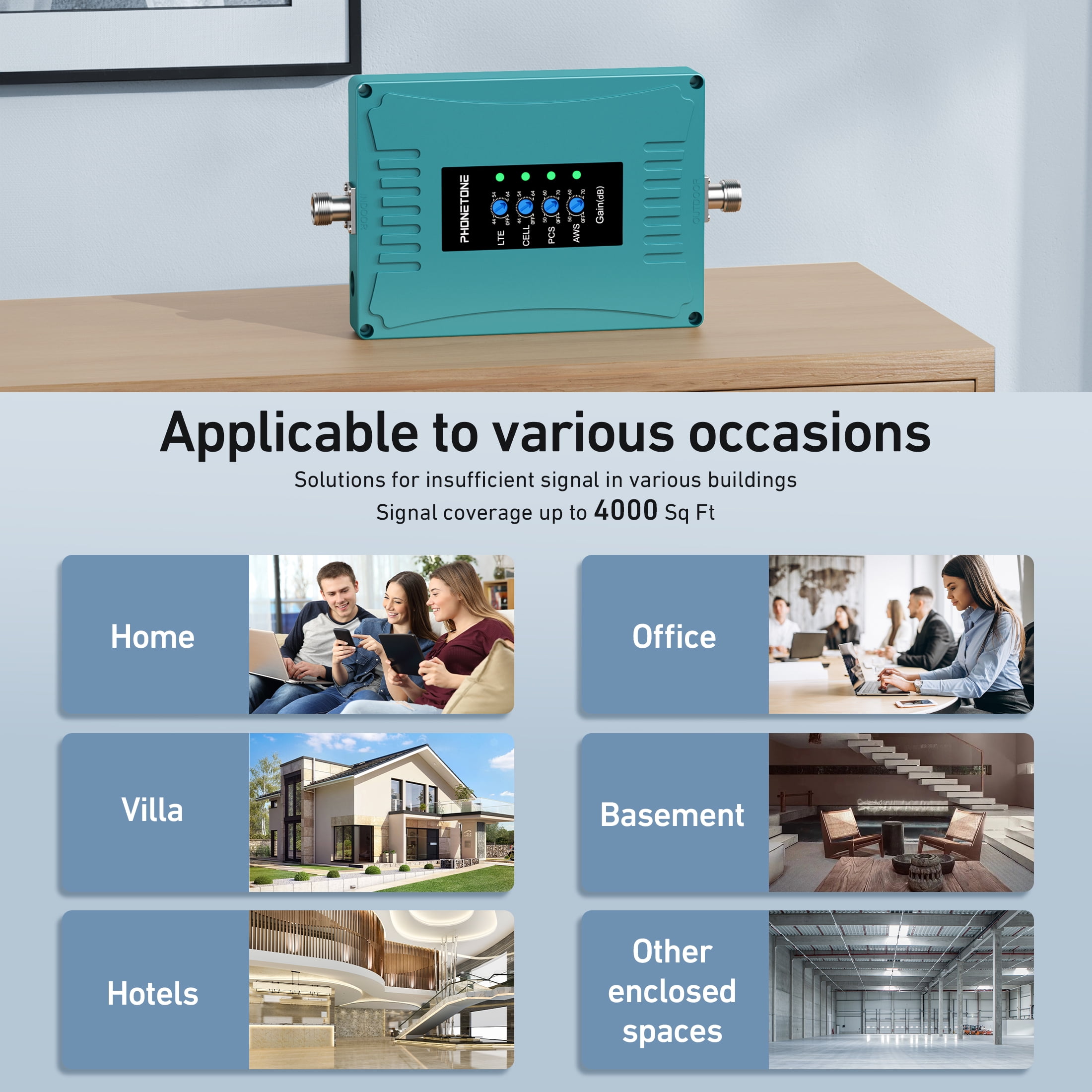 Phonetone Cell Phone Signal Booster, Boosts 5G/4G, Smart, Compatible All US Carriers, FCC Approved