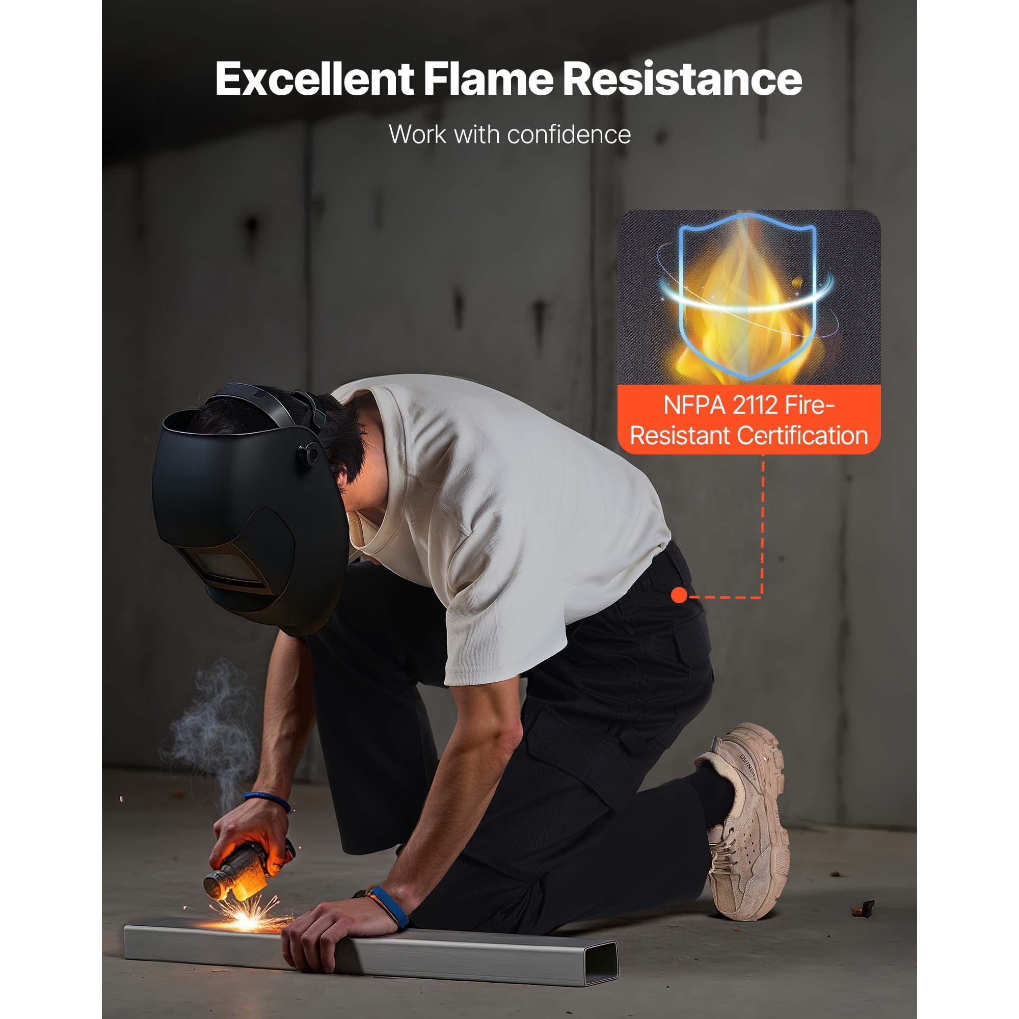 KFFKFF Flame-Resistant Men's Pants, 9 oz 100% Cotton, Durable Cargo Design with Multiple Pockets and Elastic Waistband, Reinforced Stitching for Welding and Everyday Use, L Size, Black