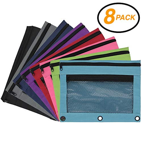 Emraw 2 Random Pack Double Pocket Zippered Trendsetters Pencil Pouches with 3-Ring Grommet Holes & Quick View Mesh Pocket 4 Different Styles