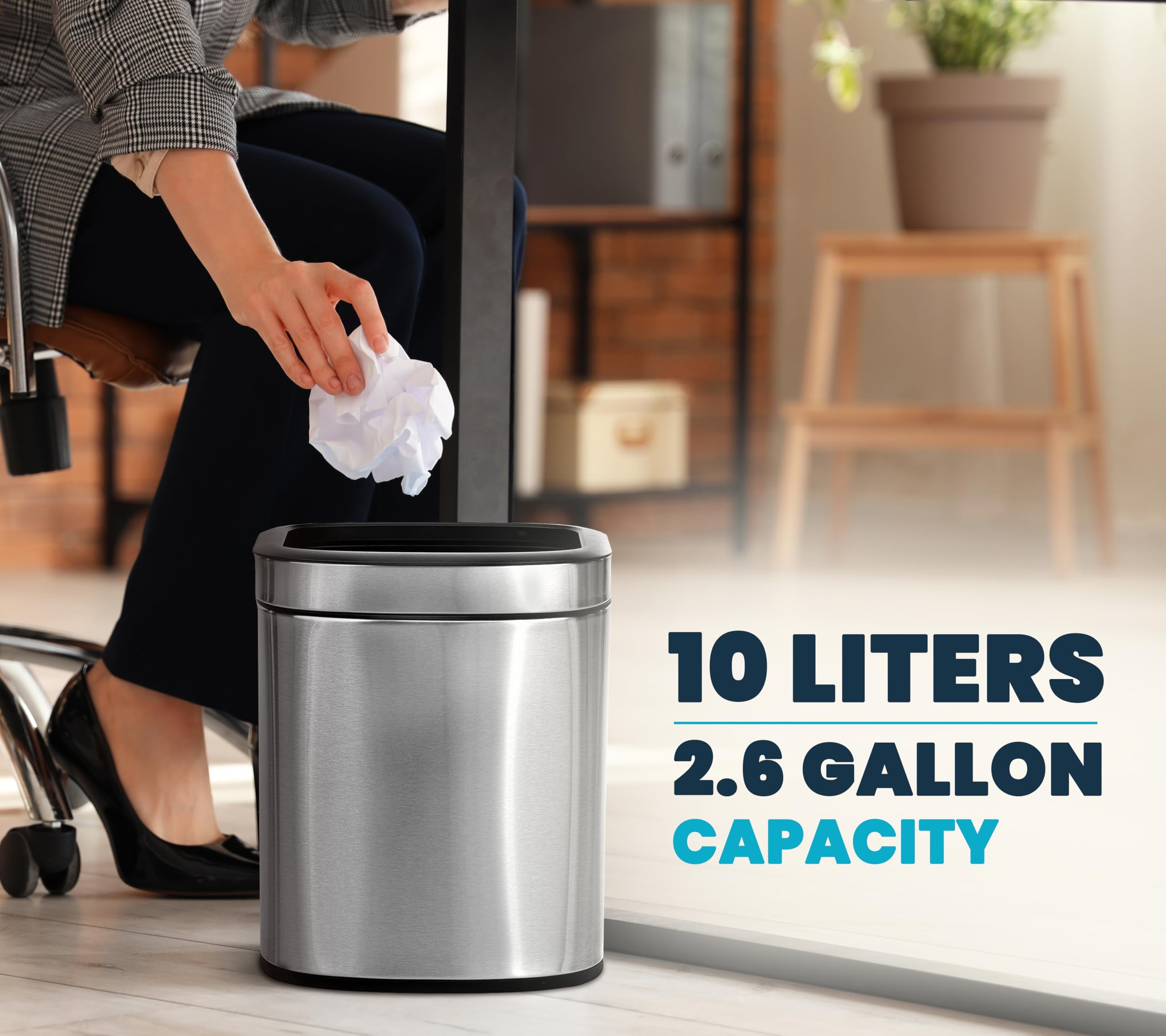 Alpine 10 Liter Small Bathroom Trash Can No Lid - Open Top SS Bathroom Trash Can 2.6 Gallon, Slim Silver Trashcans for Bedroom, Office, Desk, Kitchen with Removable Bin for Easy Disposal