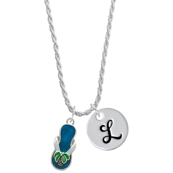 Delight Jewelry Silvertone Tropical Blue Flip Flop with Palm Tree Silvertone Script Initial Disc - L - Charm Necklace, 20"+3"