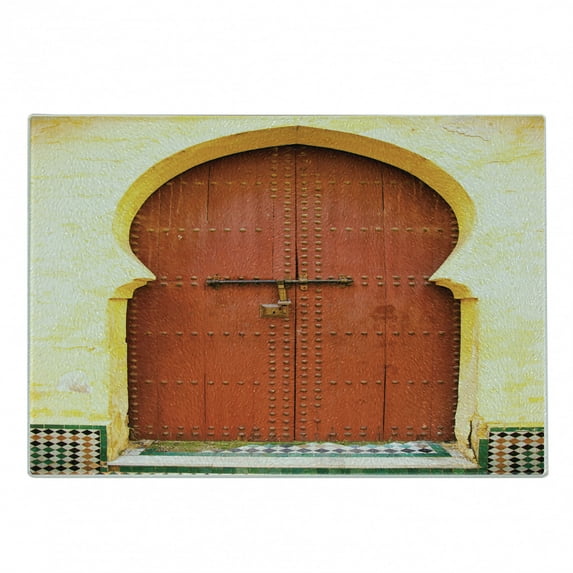 Architecture Cutting Board, Old Moroccan Historical Antique Locked Building Door Interior, Decorative Tempered Glass Cutting and Serving Board, in 3 Sizes, by Ambesonne