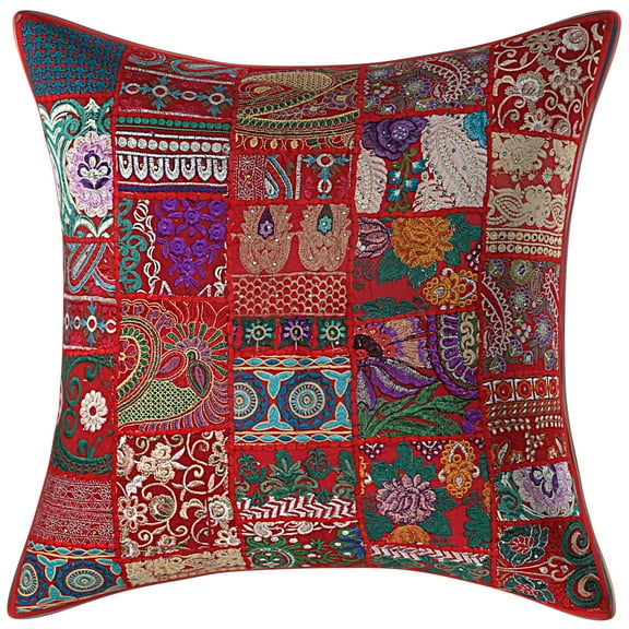 Stylo Culture Indian Christmas Cotton Red Large Throw Pillow Covers 24x24 Patchwork Vintage Sofa Christmas Pillow Case Covers Abstract Floral 60x60 cm Decorative Cushion Covers (1 Pc)