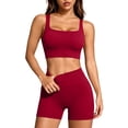 thumbnail image 6 of Women 2Piece Activewear Workout Yoga Set Long Sleeve Crop Top And High Waist Leggings Gym Outfit Yoga Shorts Sets Wine ,XL, 6 of 8