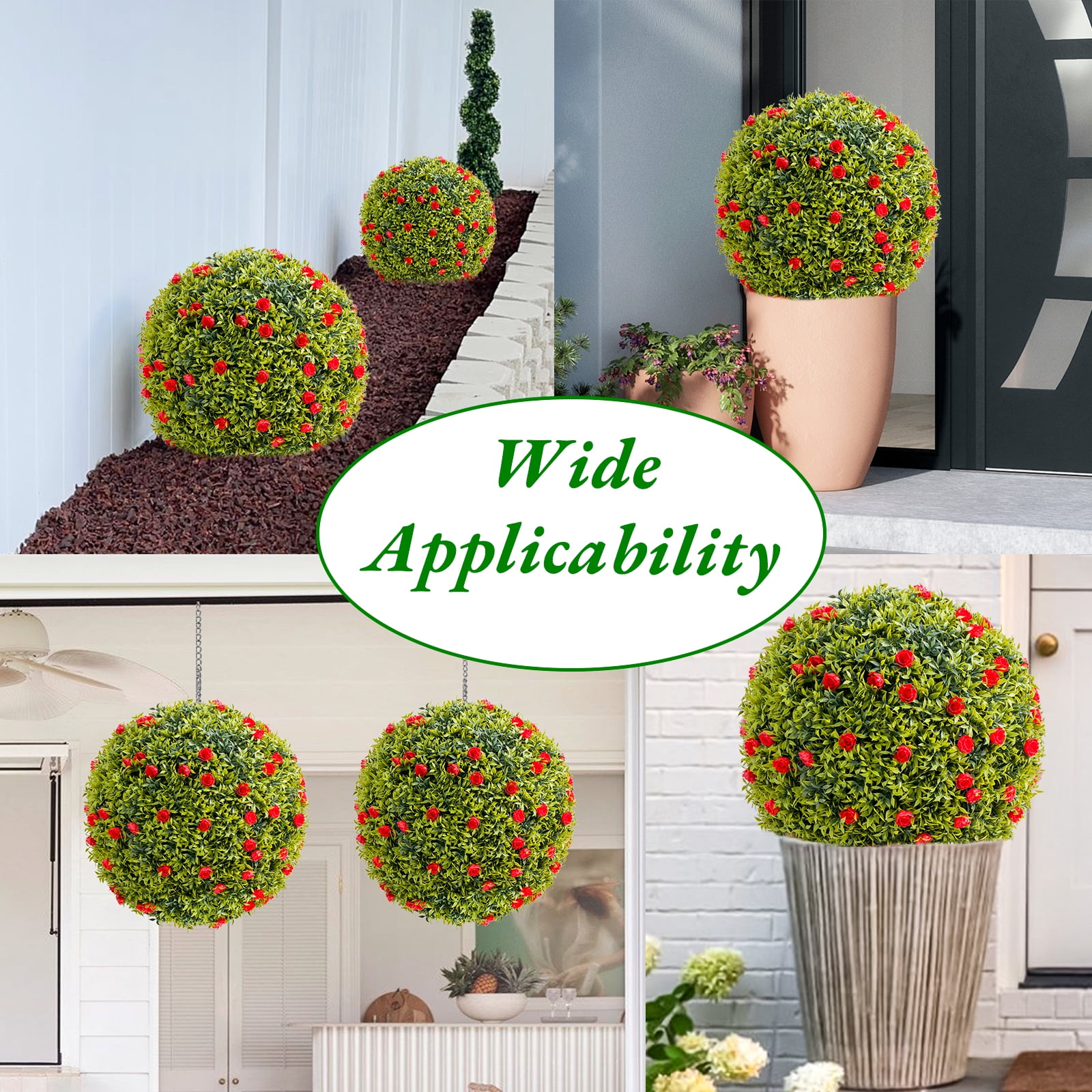 4Pcs Artificial Boxwood Topiary Ball with Flowers - 12.6" Faux Greenery for Outdoor Planters, Porch & Patio Decor