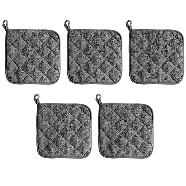 Pot Holders Cotton Made Machine Washable Heat Resistant Potholder set of 5 in grey color. Each pot holder features a quilted and padded design for extra thickness and heat resistance, with loops for hanging. Suitable for kitchen linens, oven mitts, cooking, baking, and use as trivets.
