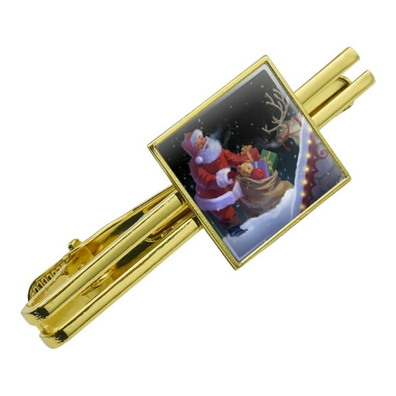 Christmas Holiday Santa Rooftop Magic Square Tie Bar Clip Clasp Tack- Silver or Gold