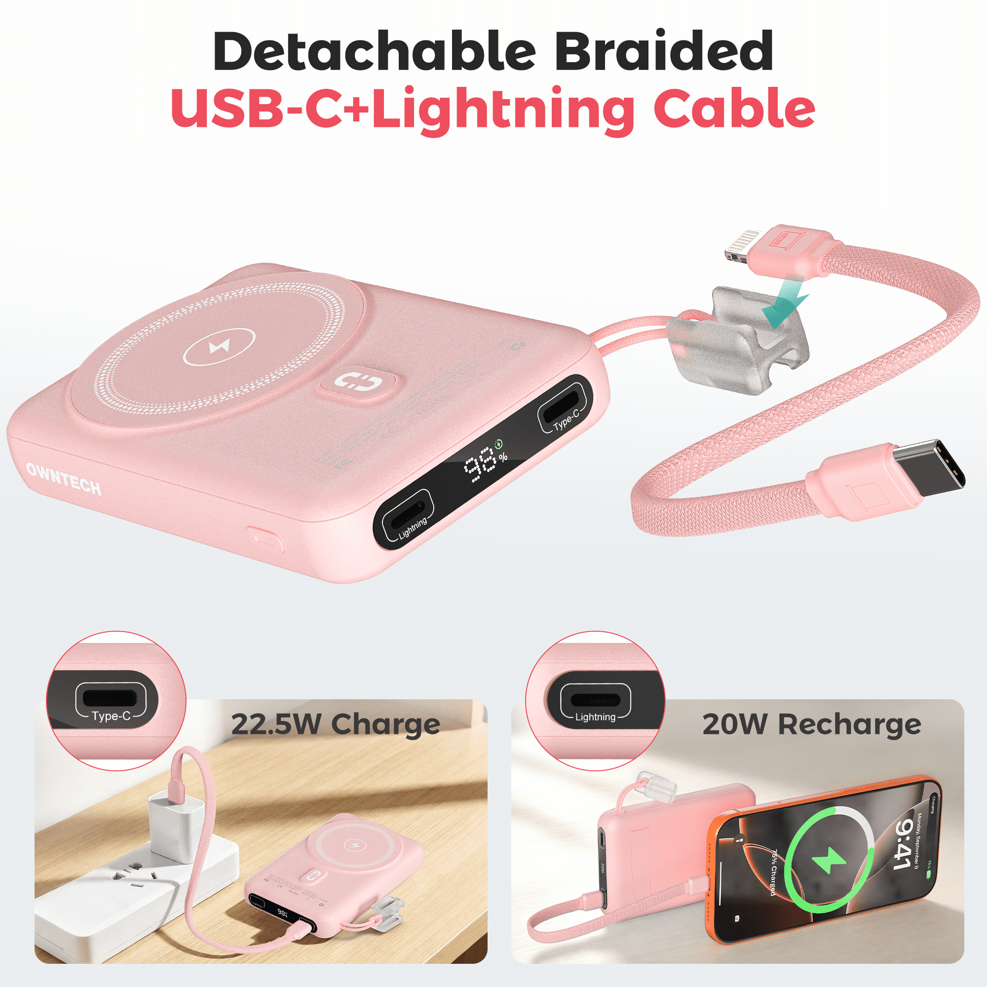 OWNTECH 10000mAh Magnetic Wireless Power Bank with Smart Display, 22.5W PD Fast Charging Portable Charger, Built-in Foldable Stand & USB-C Cable Compatible with iPhone 17/16/15/14 Series (Pink)