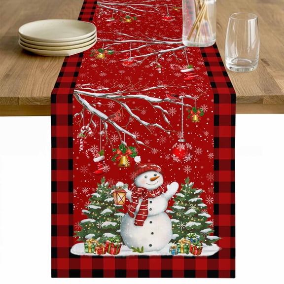 Red Christmas Table Runner 90 Inches Long Farmhouse Dress Scarves, Xmas Snowman Tree Snowflakes Birch Branches Dining Tablerunner for Coffee Table/Kitchen Island/Party Décor, 13" x 90"
