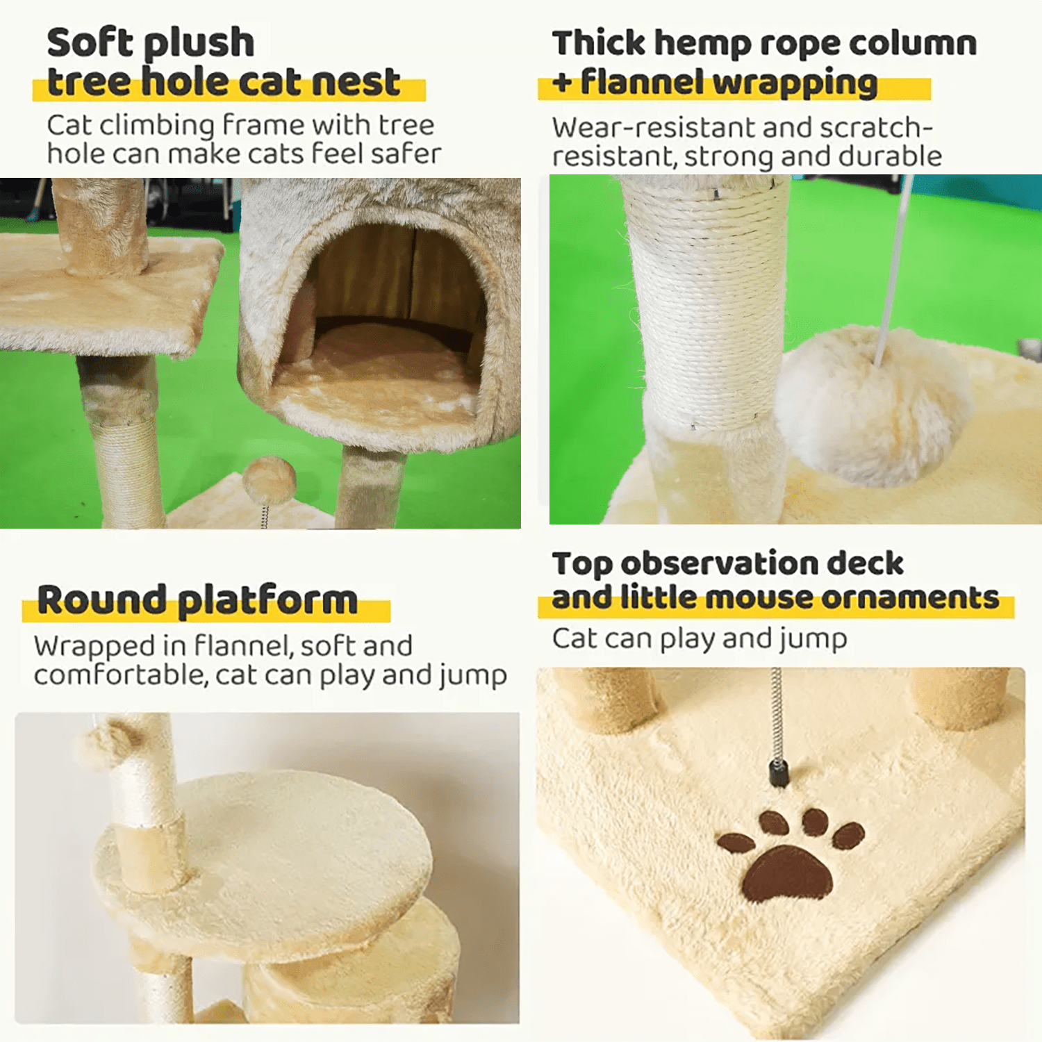 Asunby Beige 46" Cat Tower - Multi-Level Cat Activity Center with Sisal Scratching Posts, Spacious Perches & Interactive Hanging Toys