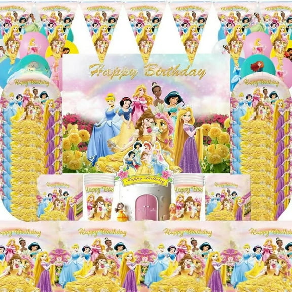 145pcs Cartoon Princess Birthday Party Supplies, Party Decorations&Tableware Set- Birthday Decorations Balloon Banner Plates Cups background cloth Tablecloth etc Themed Birthday Party Supplies